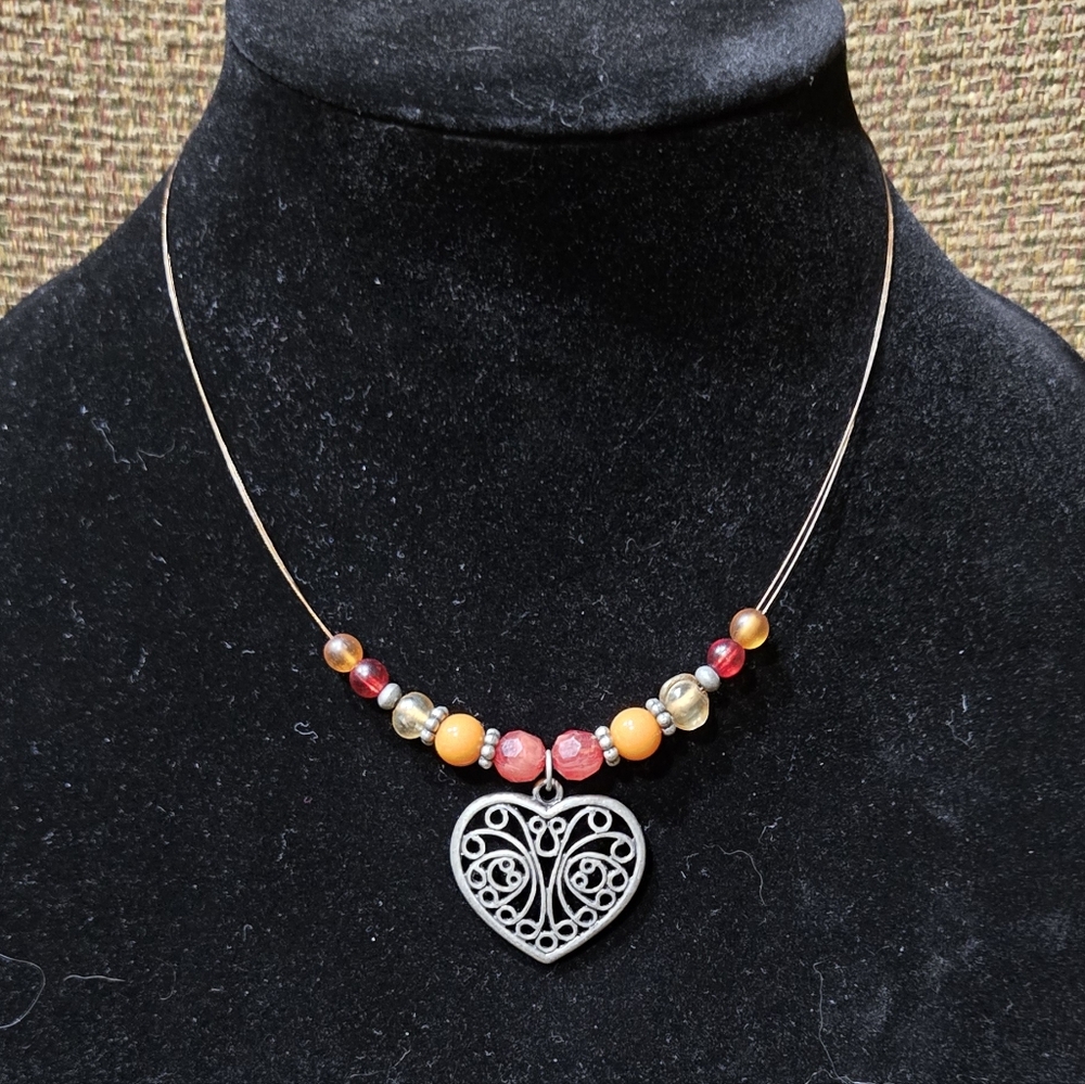Maurices Silver Heart Necklace with Red and Orange Beads